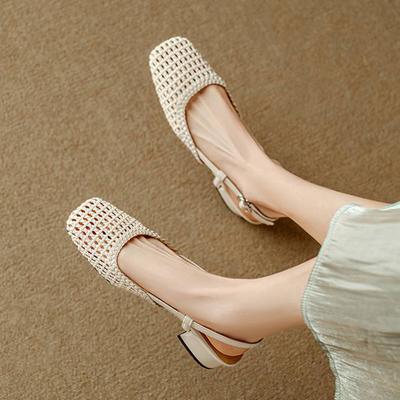 Микрофибра Плетение Летний Размер 41 Средний Каблук Слингбэк Вечерние Туфли Женские Квадратный Носок Гладиаторские С Вырезами Лодочки