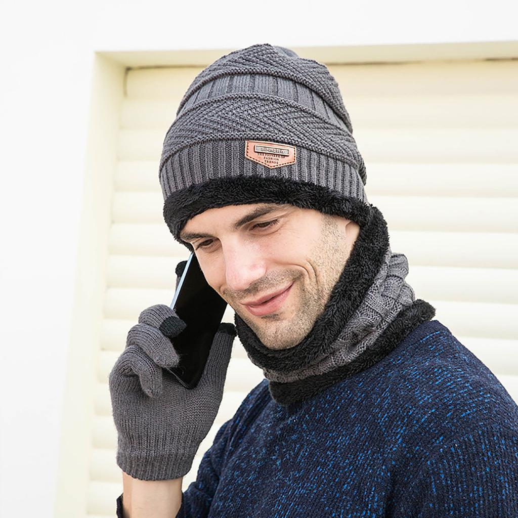 New Winter Men Simple And Stylish Knitted Hat Scarf And Gloves Winter Solid Warm Knitted Set Winter Warm Gifts For Male