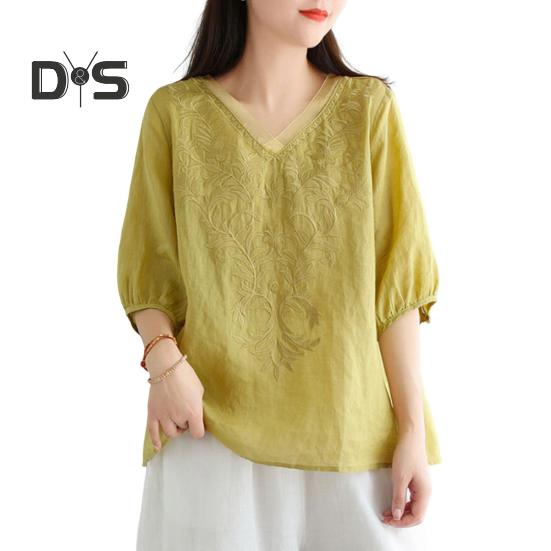 Women Summer Tops V-neck Half Sleeve Embroidery Pattern Pullover Tops Solid Color Loose Fit Commuting Style Tops