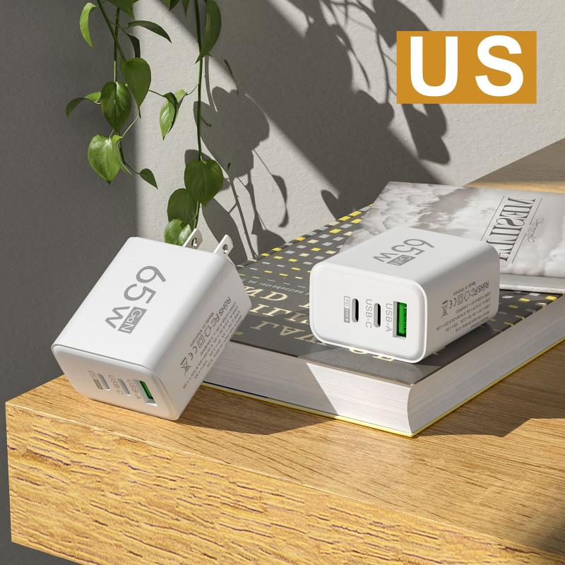 65W GaN Travel Charger EU Plug Dual USB C + USB A Port Fast Charging Wall Adapter Compact Charger for Phone Laptop Tablet