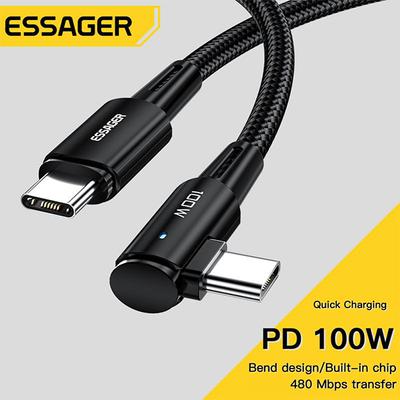 Essager Кабель USB Type C к USB C, 100 Вт, 60 Вт, угол 90 градусов для iPad MacBook Pro, Xiaomi, Samsung, Huawei, быстрая зарядка, провод для даты и типа C