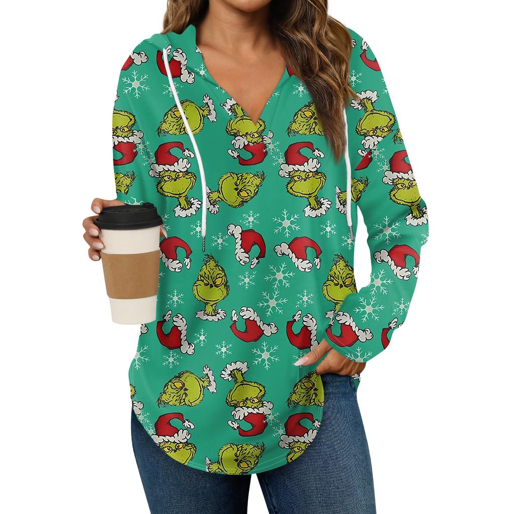 Женские модные худи с V-образным вырезом, длинным рукавом, рождественским принтом, кулиской, повседневные, свободные, пуловерные топы