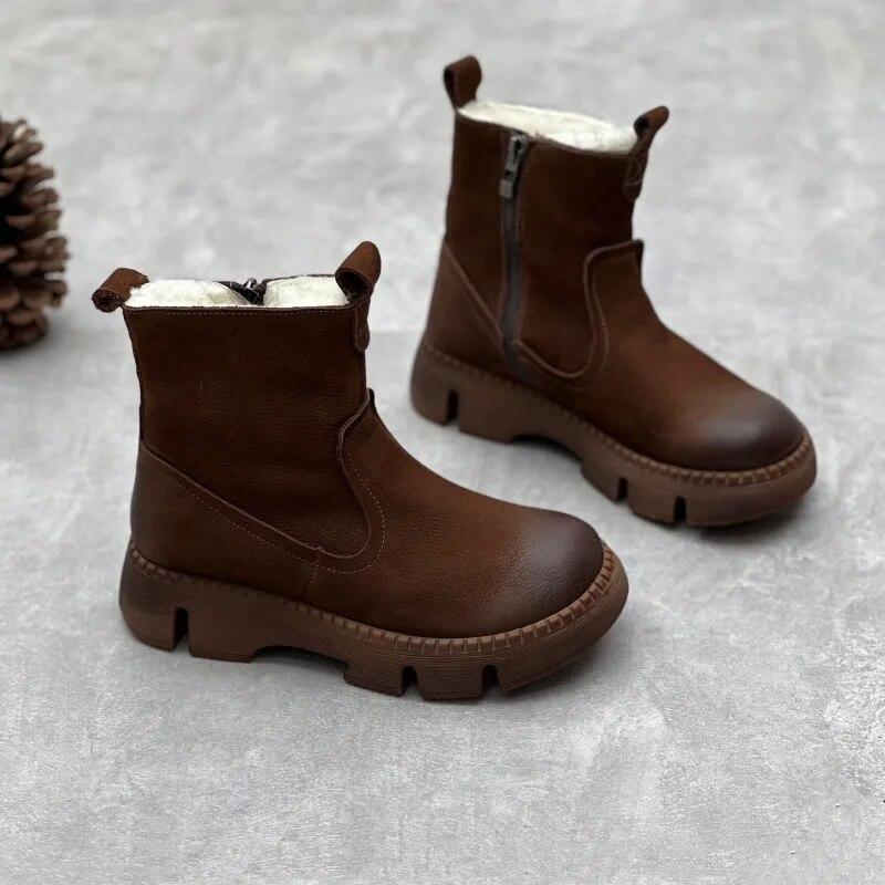 Johnature Винтажные ботинки ручной работы из натуральной кожи из шерсти, женские короткие сапоги с круглым носком на утолщенной теплой толстой подошве