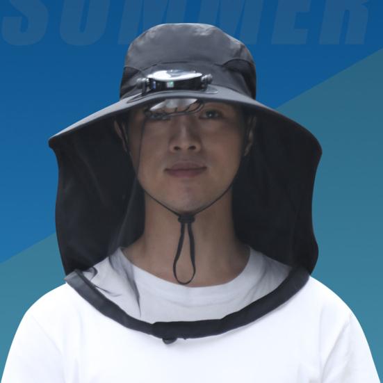Mosquito Head Net Hat with Fan for Men Women Wide Brim Sun Hat with Mesh Net Summer Cooling Bucket Hat for Outdoor Fishing Hiking