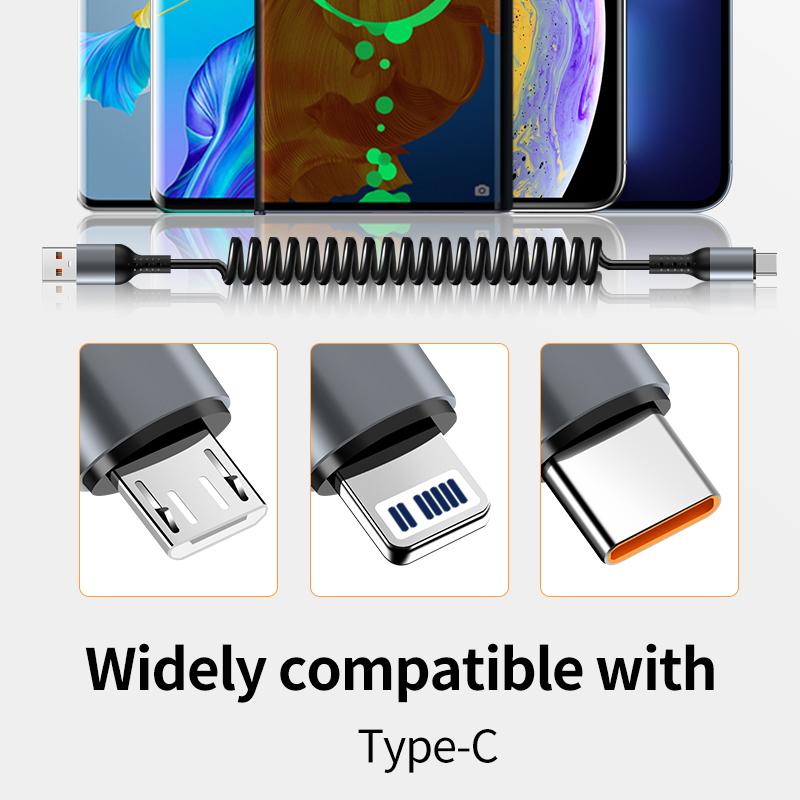 1.5M Coiled USB-C Type C 5A Fast Charging Data Cable 90 Right Angle Retractable Pure Copper Mobile Phone Cord for