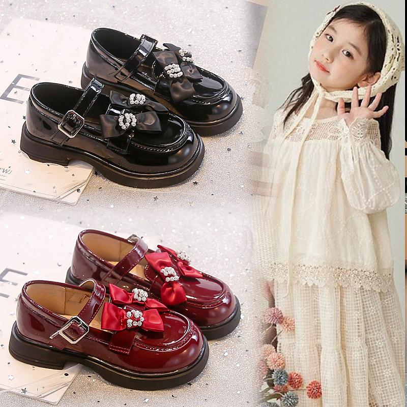 Children's College-Style Leather Shoes2026New Autumn Cute Rhinestone Double Bow Solid Color Fashion Performance Shoes