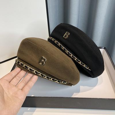 Новый берет с цепочкой для женщин, зимняя кепка в стиле ретро, ​​коричневый, черный, на плоской подошве, модная женская винтажная кепка для девочек, звездный стиль