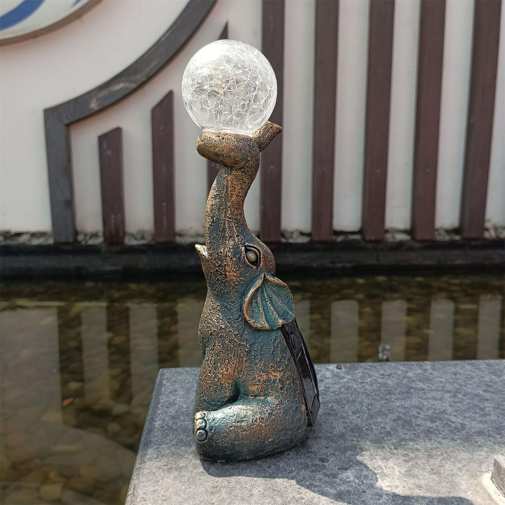 Elephant With Cracked Glass Ball Lamp Statue Solar Lamp Outdoor Garden Decoration