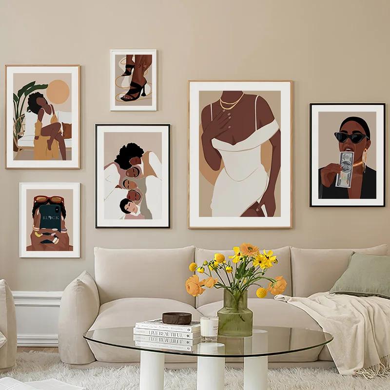 Fashion Black Woman Girl Beautiful Gold Ring Necklace Nordic Posters And Prints Canvas Painting Wall Art Living Room Home Decor