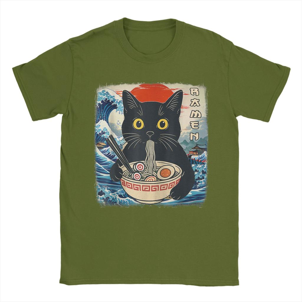 Funny Japanese Black Cat Ramen T-Shirt Men Crew Neck 100% Cotton T Shirts Kawaii Noodle Cat Short Sleeve Tees Birthday Gift Tops