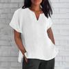 Women's Fashion Short Sleeve V-Neck Solid Colour Loose Casual Shirt Cotton Blouse
