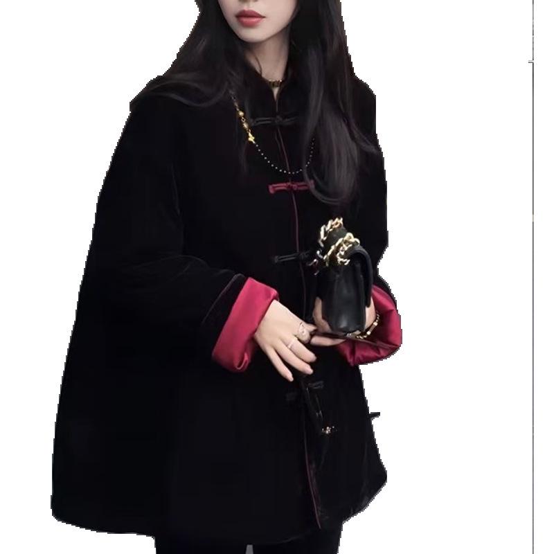 Женское свободное хлопковое пальто в китайском стиле - осень и зима, плотное, большого размера, на пуговицах