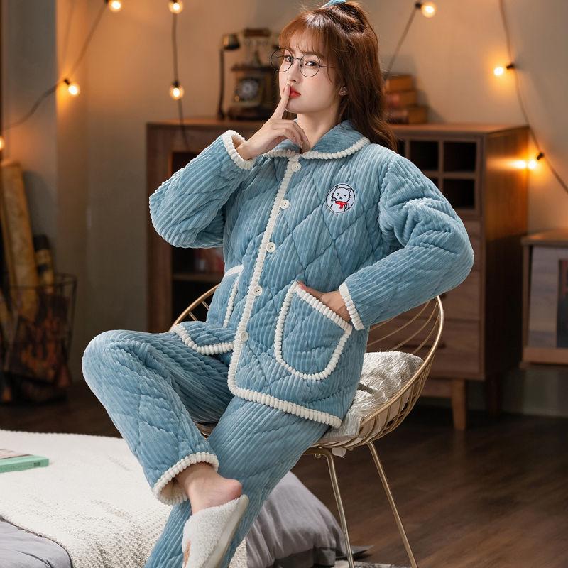 Пижама женская трехслойная утолщенная и милая зимняя можно носить больших размеров теплая стеганая домашняя одежда