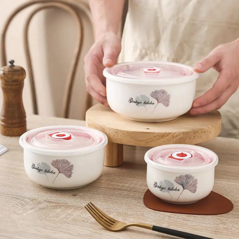Ceramic fresh-keeping bowl three-piece set with cover refrigerator storage box Office lunch box for microwave heating special