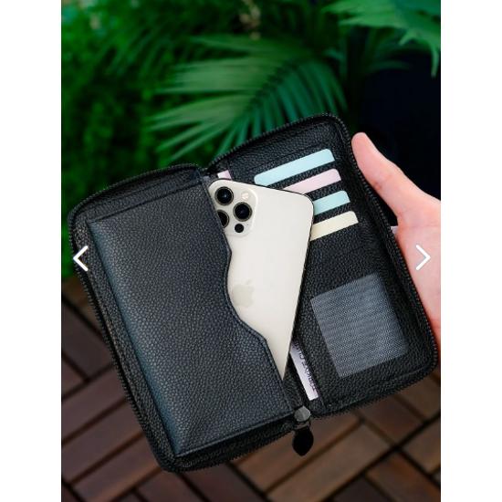 Унисекс Кожаный Портфель-Визитница Длинный Кошелек с Отделением Для Телефона Черный