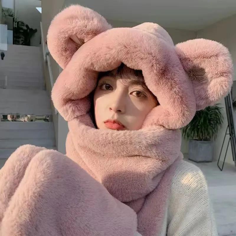 WTEMPO Solid Color Furry Plush Cute Ear Decor Gloves Scarf Hats Cold-proof Windproof Warm Autumn Winter Casual Verstaile Hats
