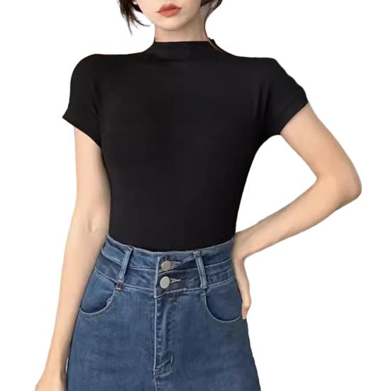 Женские топы с полувысоким воротником, короткими рукавами, приталенная футболка, однотонная