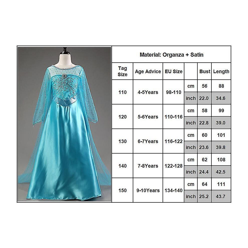 (7-8 Years) Frozen Elsa Princess Long Tulle Sleeve Dress Kids Girls Halloween Carnival Party Cosplay Ice Queen Fancy Dress Up Performance Costume