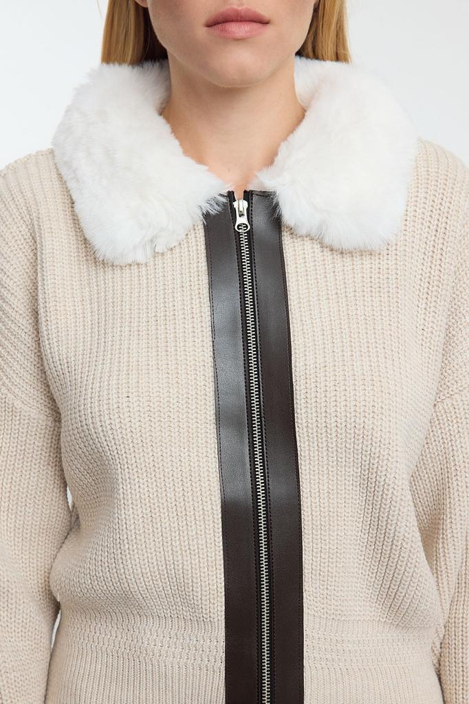 Женский элегантный кардиган с каменным мехом, кожаное пальто с подробной молнией, трикотаж, кардиган