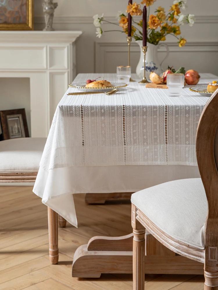 Хлопковая белая скатерть с французскими рюшами, украшение для чайного стола, прямоугольное покрытие для стола для кухни, декора для свадебной столовой