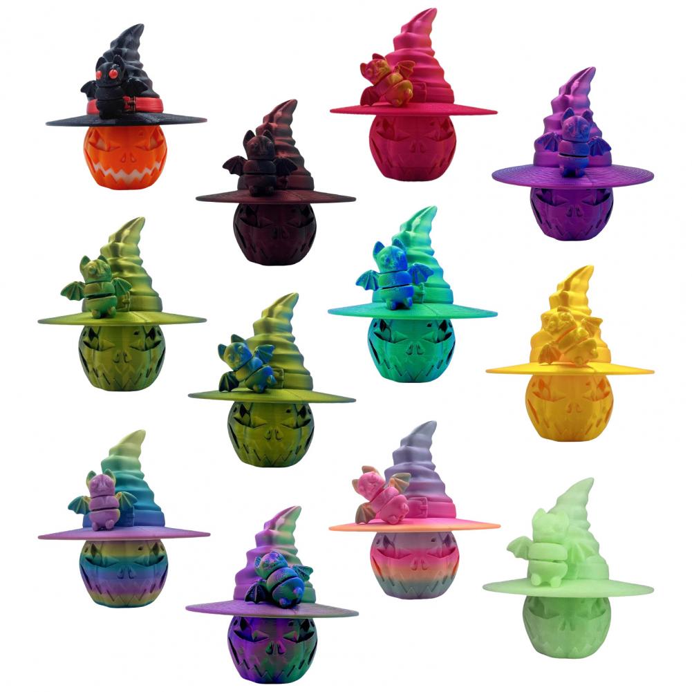 Holiday Pumpkin Decoration Colorful Halloween Pumpkin Figurine with Bat Witch Hat 3d Printed Fidget Toy for Home Office Decor
