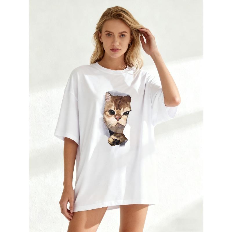 Oversized T Shirt Black Cat Face Print And Paw Design Casual Wear For Women