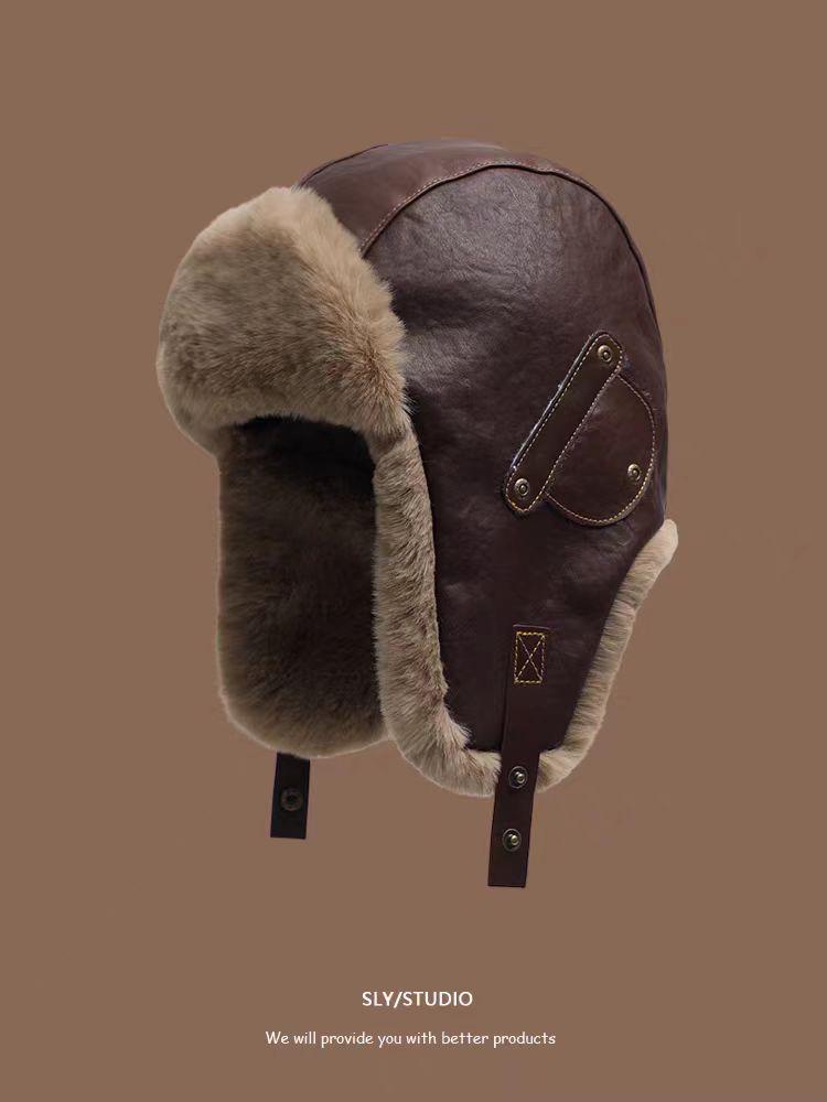 Retro Leather Lei Feng Winter Aviator Hat - Unisex Warm Fleece-Lined Ski & Cycling Ear Protection