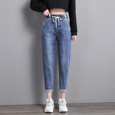 Джинсы-шаровары с высокой талией и эластичной резинкой на талии длиной до щиколотки, женские простые хлопковые эластичные джинсы больших размеров, женские узкие женские джинсы-шаровары