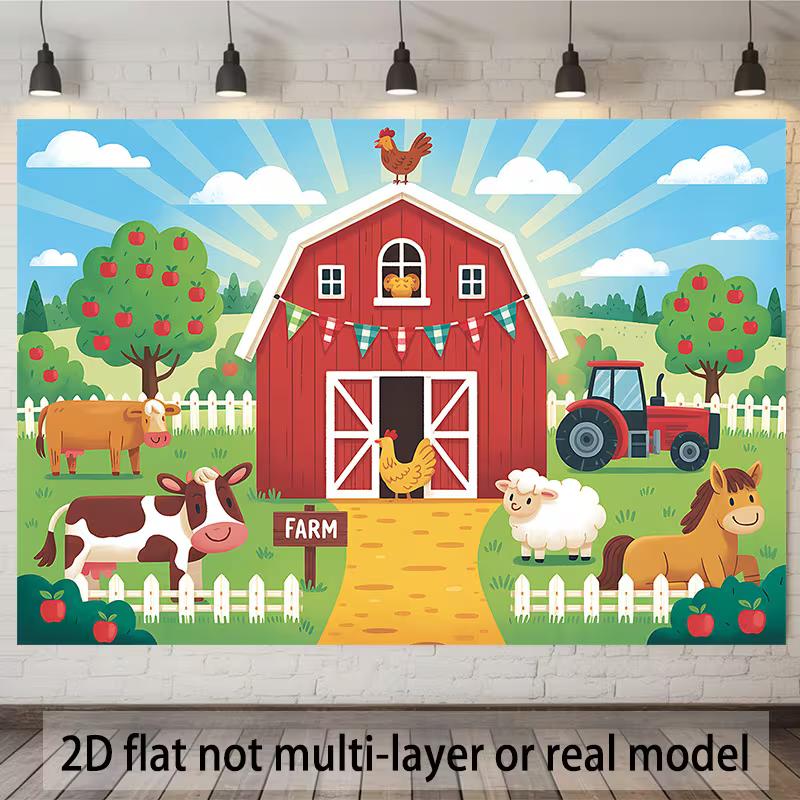 2D Cute Cartoon Farm Backdrop with Red Barn, Animals & Tractor