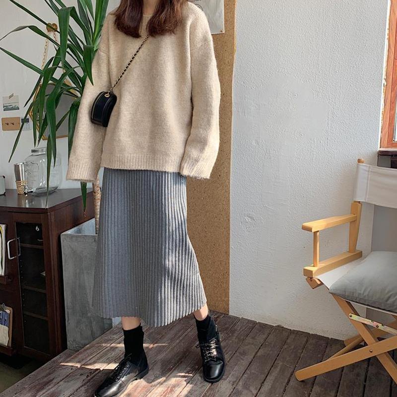 WTEMPO Однотонные трикотажные юбки трапециевидной формы, женские прямые миди в корейском стиле, элегантные, шикарные, весенне-осенние, теплые длинные юбки