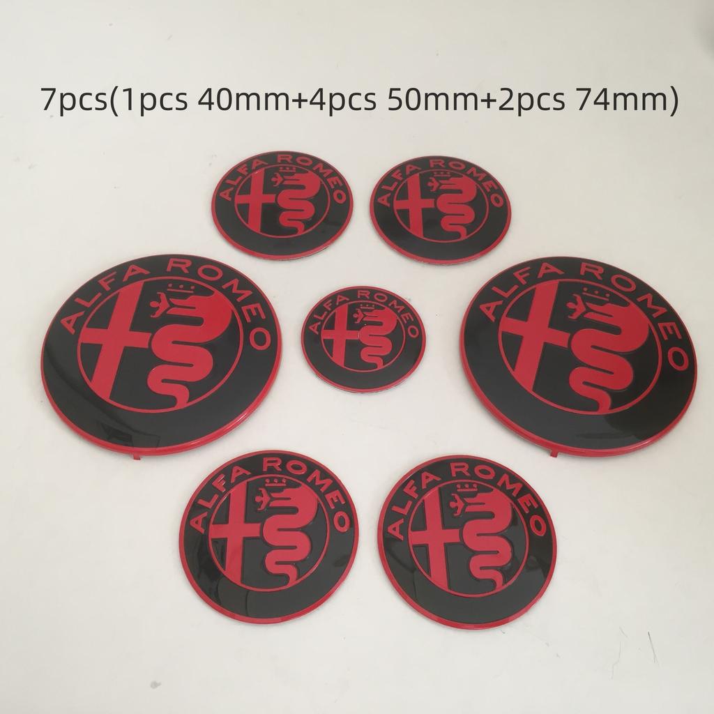 QJDS8 7pcs forAlfa Romeo Car emblem Wheel Cover caps front Hood badge rear Trunk Steering sticker Styling 2x74mm , 4x50mm,1x40mm