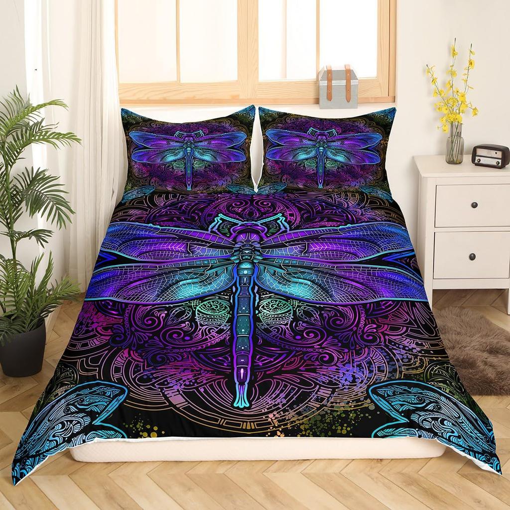 Dragonfly Quilt Cover Set Plant Flower Soft Comfortable Bedding Down Quilt Cover Three-Piece Set