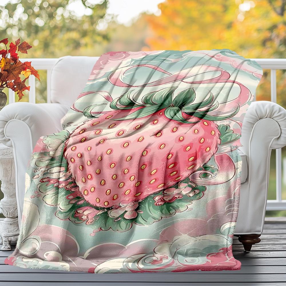 1pc strawberry ribbon Outdoor Flannel Blanket Soft Warm All-Season Throw for Sofa Bed Car Camping Office, Cozy Gift Idea1175S