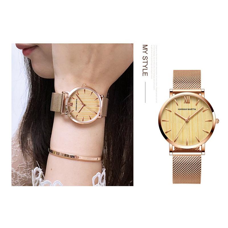 Hannah Martin Wood Grain Walnut Japan Quartz Movement Ladies Watches Luxury Brand Mesh Band Waterproof Women Wrist Watches
