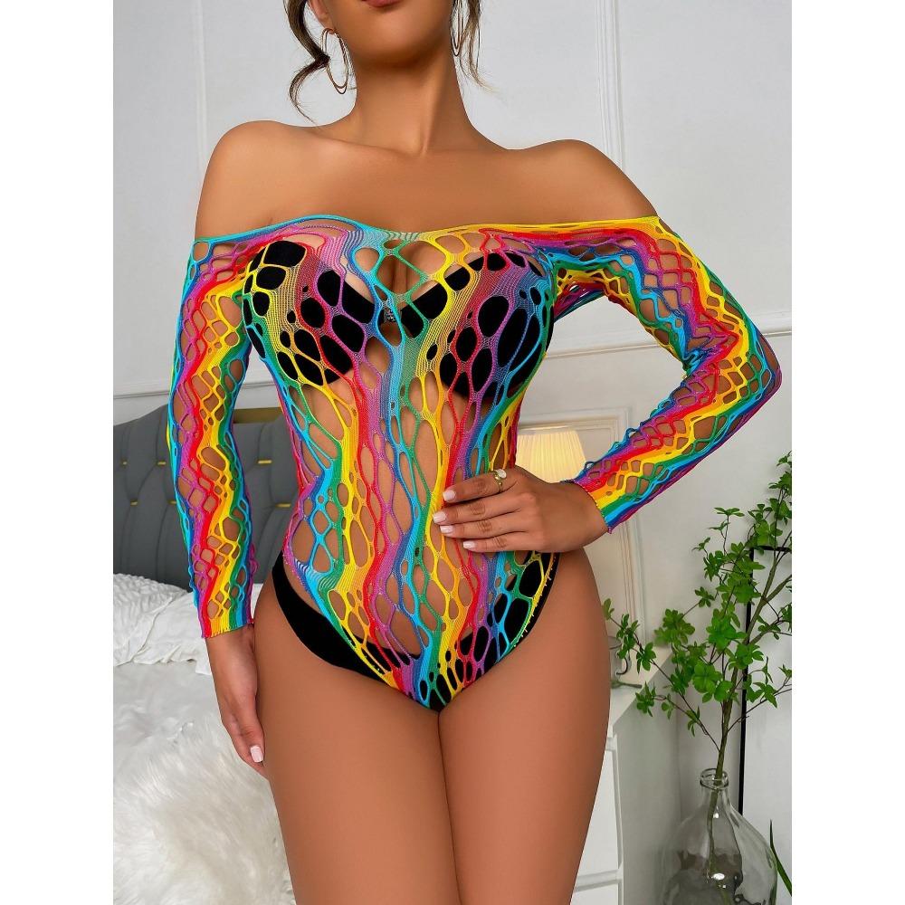 Sexy Rainbow Color Net Clothing Wholesale Dress Bodystocking Ploe Dancewear Lingerie