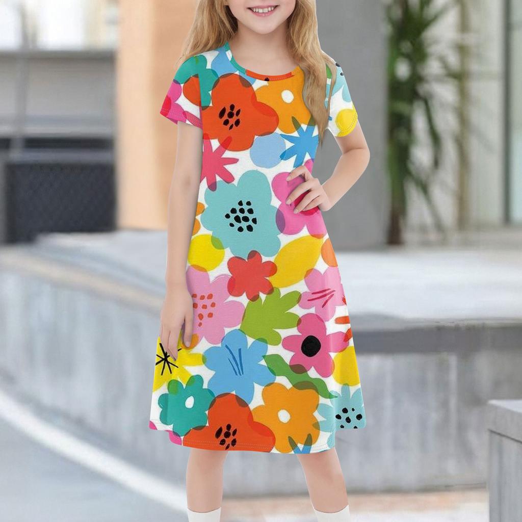 Детское летнее повседневное модное платье с короткими рукавами и круглым вырезом