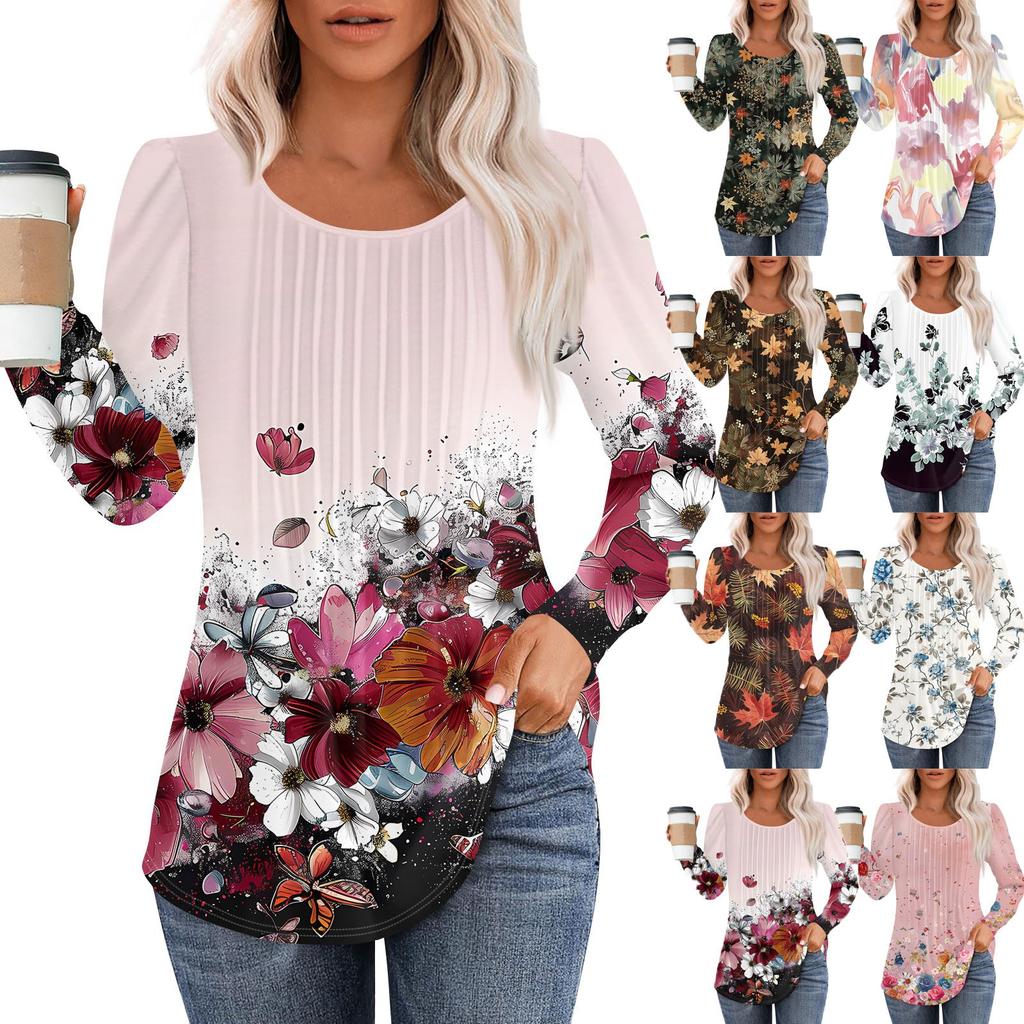 Long Sleeve Shirts For Women Tops Dressy Casual Blouses Pleated Scooped Neck Tunic Tops