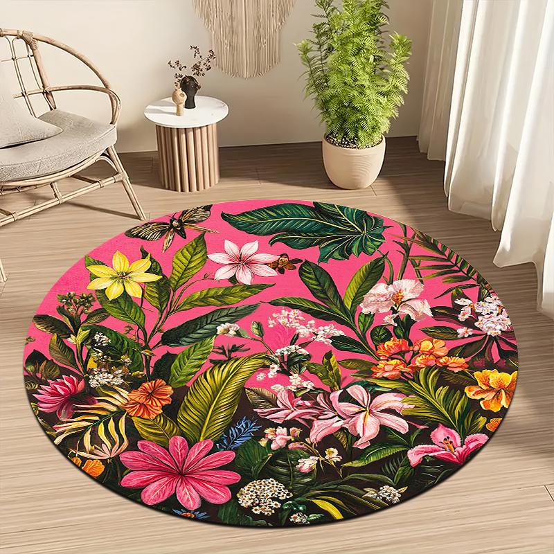 Pink tropical flower jungle Flannel-printed round floor mats are slip-resistant Suitable for room bedroom terrace garden carpets