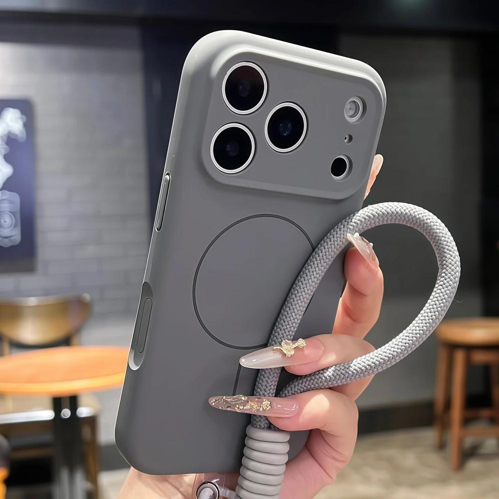 Матовый чехол-ремешок Magsafe конфетного цвета для iPhone 16 17 Pro Max Air 15 14 Plus 12 13 11 Ремешок на запястье Жидкий силиконовый чехол