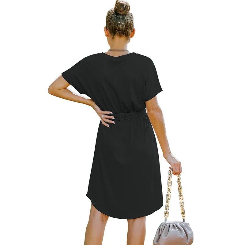 Женское мини-платье с высокой талией и коротким рукавом, базовое струящееся платье, свободное платье с v-образным вырезом, однотонное вечернее платье с поясом