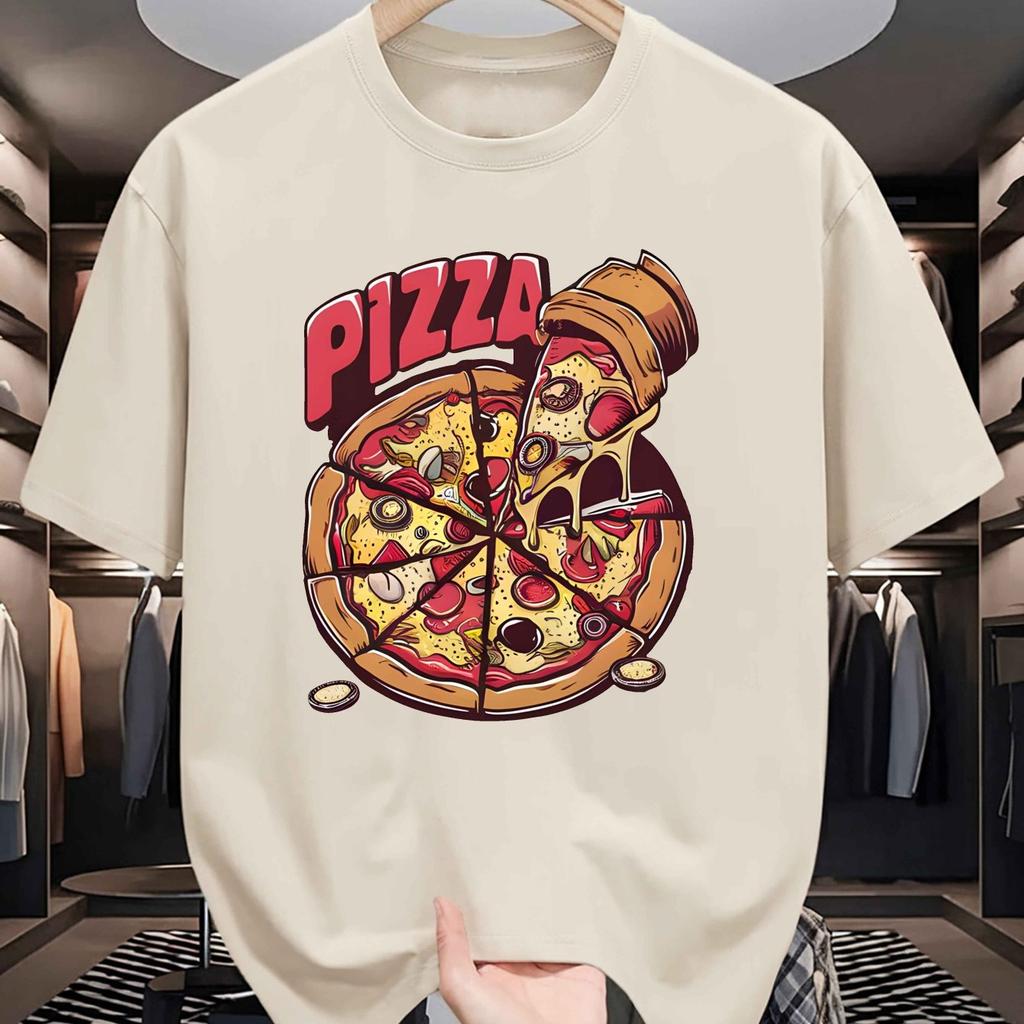 Pizza Graphic Tee Men Summer Casual Short Sleeve Round Neck Breathable Knit TShirt