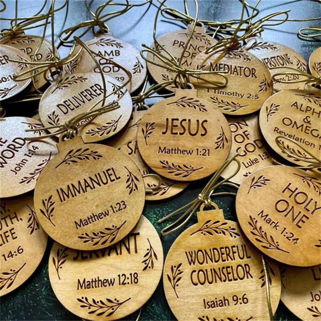 25 Pack Names Ornaments, 5 Cm / 2 Inch Diameter | Name Advent, Wood Hanging Ornaments With Savior Names, Ornaments For Christmas Tree Decor