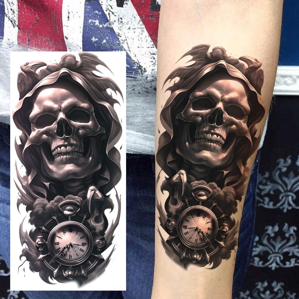 1 Sheet Scary Grim Reaper Skull Temporary Tattoos Halloween Tatoos Long Lasting Waterproof Tiger Wolf Beast Fake Tattoo Stickers
