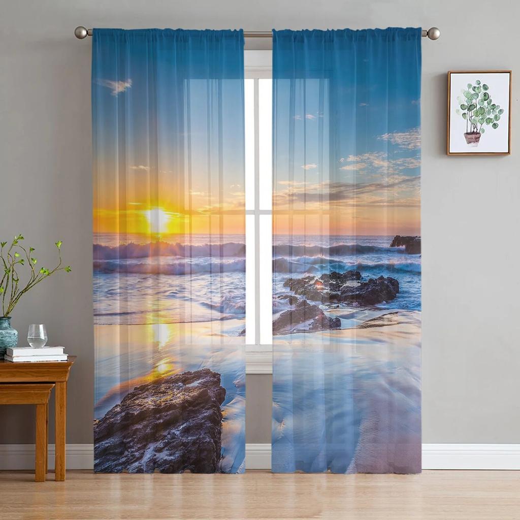 Прозрачные шторы для гостиной, пляжа, моря, кокосовой пальмы, детской спальни, балкона, большие шторы, занавески для кухни, столовой