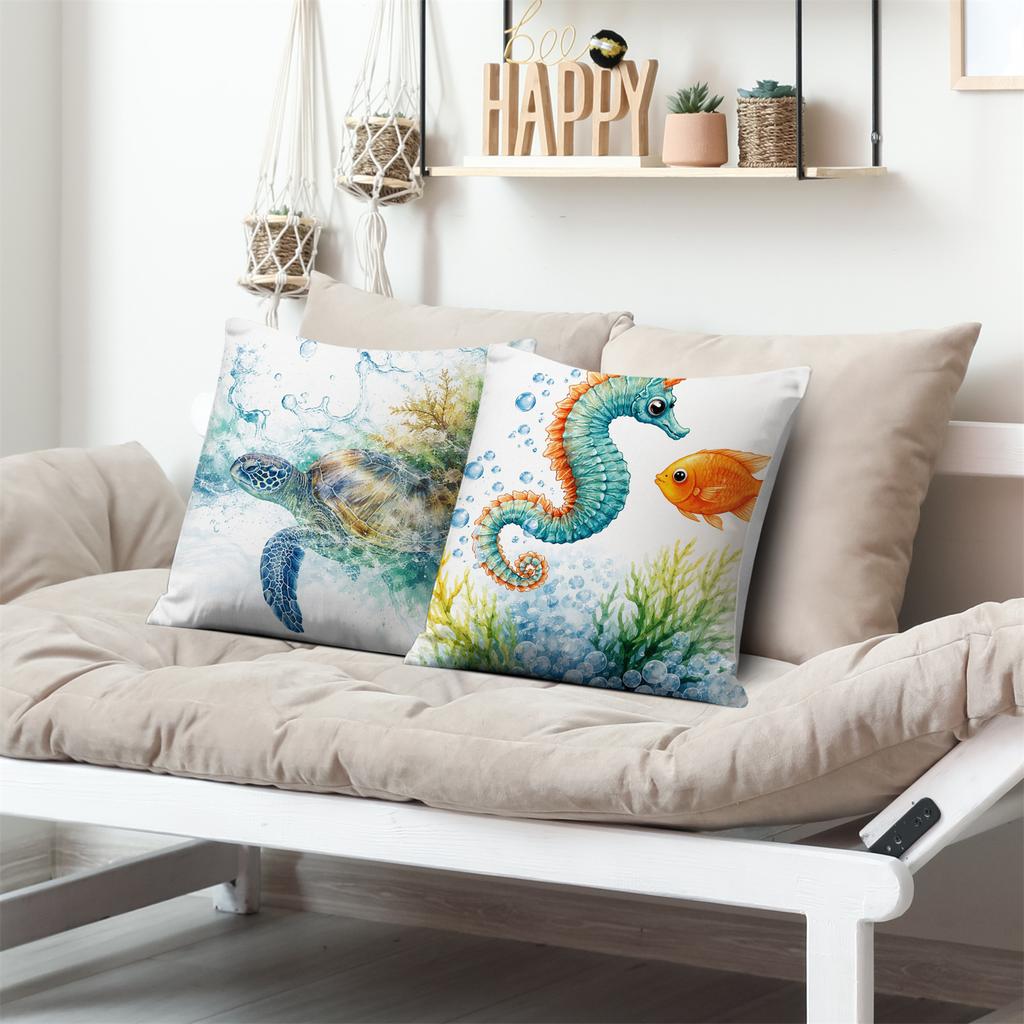 Watercolor Marine Life Pillow Covers Seahorse Sea Turtle Crab Double-Sided Printed Throw Pillow Cases Nautical Beach Home Decor