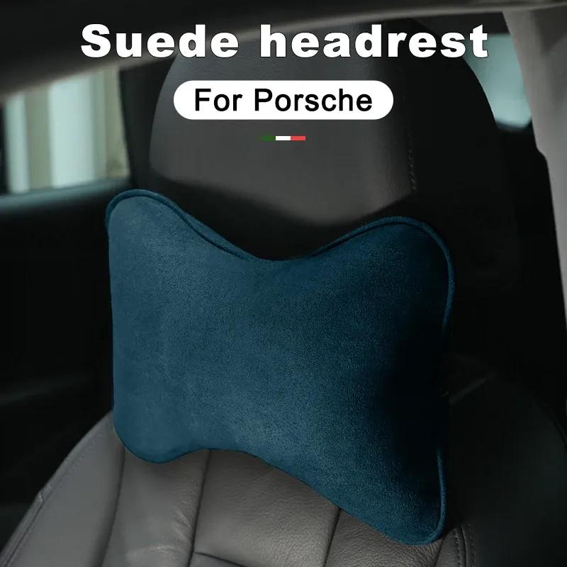 For Porsche 718 911 Boxster Cayenne Macan Panamera Taycan Suede Car Neck Pillow, Auto Seat Headrest Cushion, Interior
