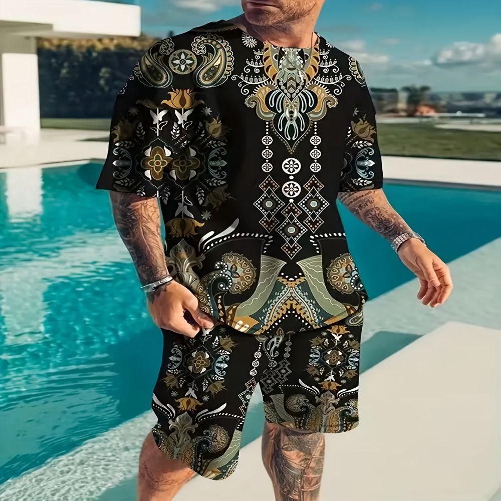 Trendy Men's Summer Suit Casual Ethnic Style 3D Printed Sportswear Short-sleeved Suit Oversized Round Neck T-shirt 2-piece