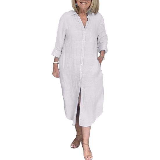 Women's Long Sleeve Button Down Shirt Dress Loose Cotton Linen V Neck Long Dress with Pockets Summer Casual Outfit