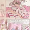 Pink Coquette Anime Tapestry Wall Hanging Sweet Girls Ribbons Hearts Drinks Y2K Aesthetic Wall Art Girls Room Decor