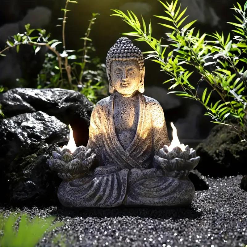 1pc Lighthouse Buddha Statues with LED Lights, Solar-Power Buddha Sculpture Decor for Home Garden, Yard, Patio, Yoga.